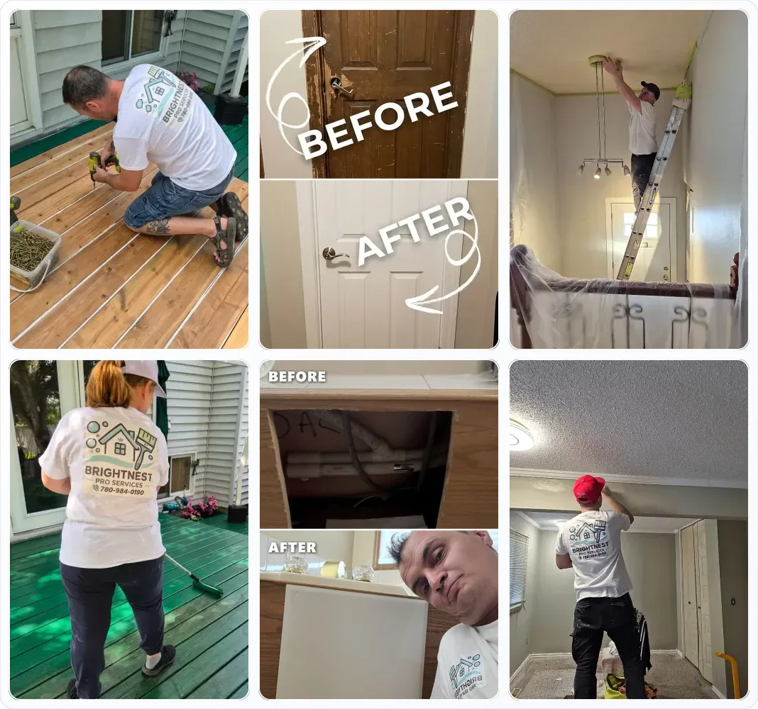 BrightNest Pro Services craftsmanship collage: deck board assembly and protective sealing by Yuriy & Karina, before-and-after interior door and bathtub access panel repairs, high-ceiling painting prep, and drywall archway finishing in Edmonton