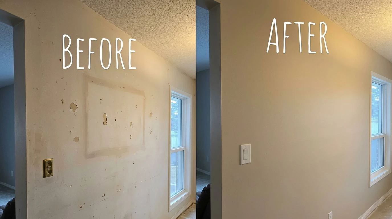 Interior living room wall painting before and after in an Edmonton home